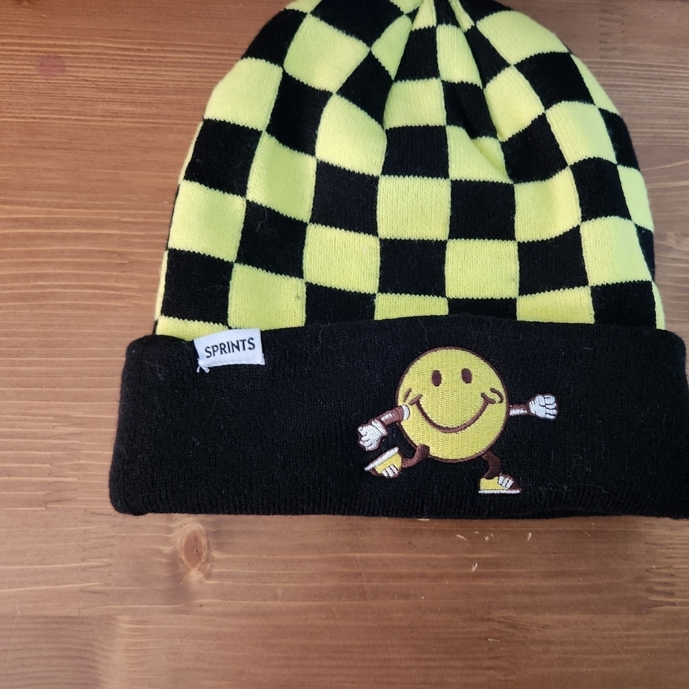 Sprints Kids Running Checkered Beanie - Black and Yellow Hat Smiley Face